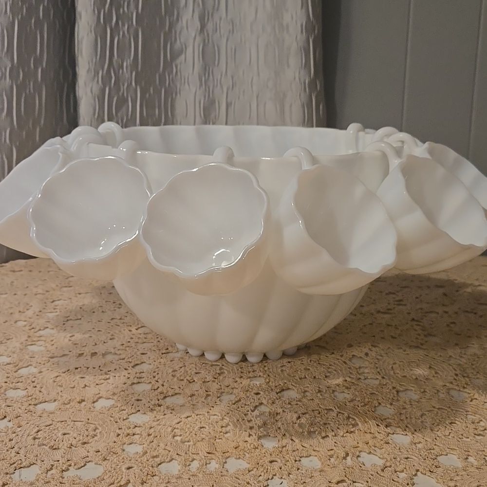 Vintage Hazel Atlas Milk Glass Alpine White Swirl Punch Bowl Set 11 Peace